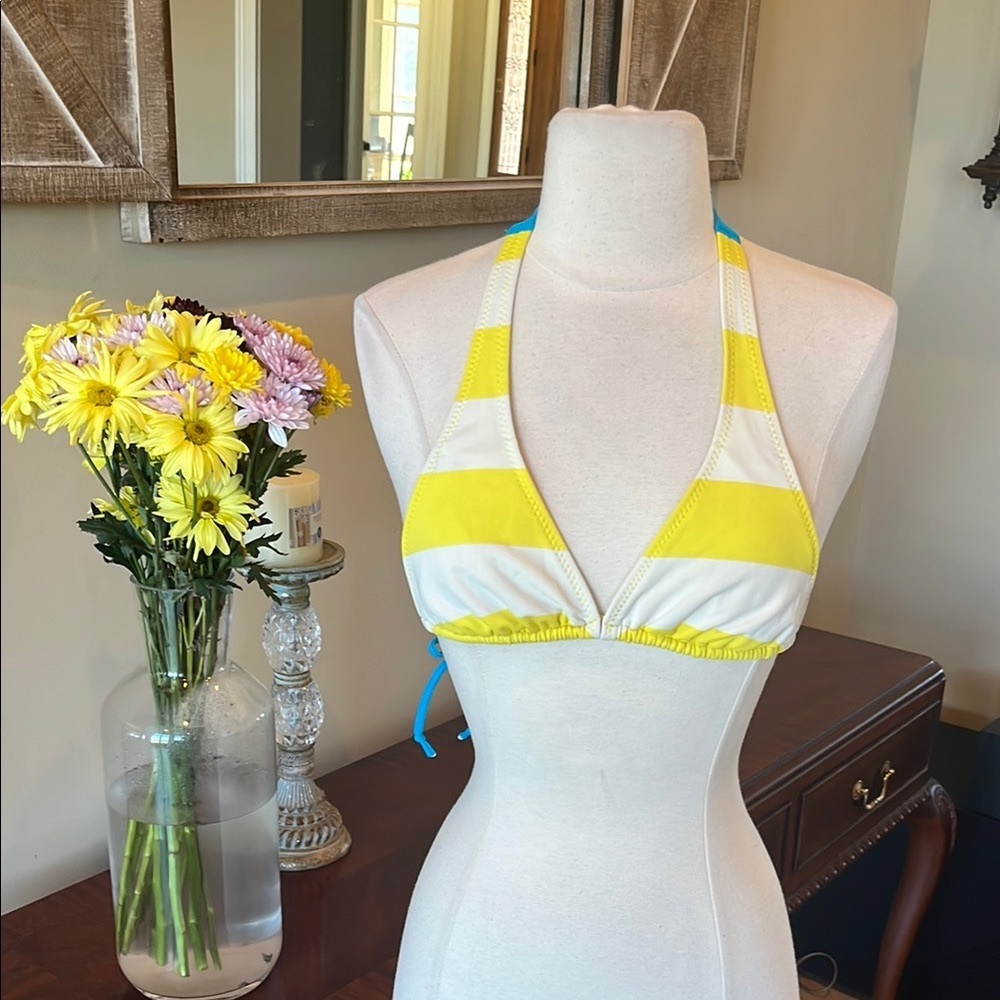 Yellow and White Striped Bikini Top